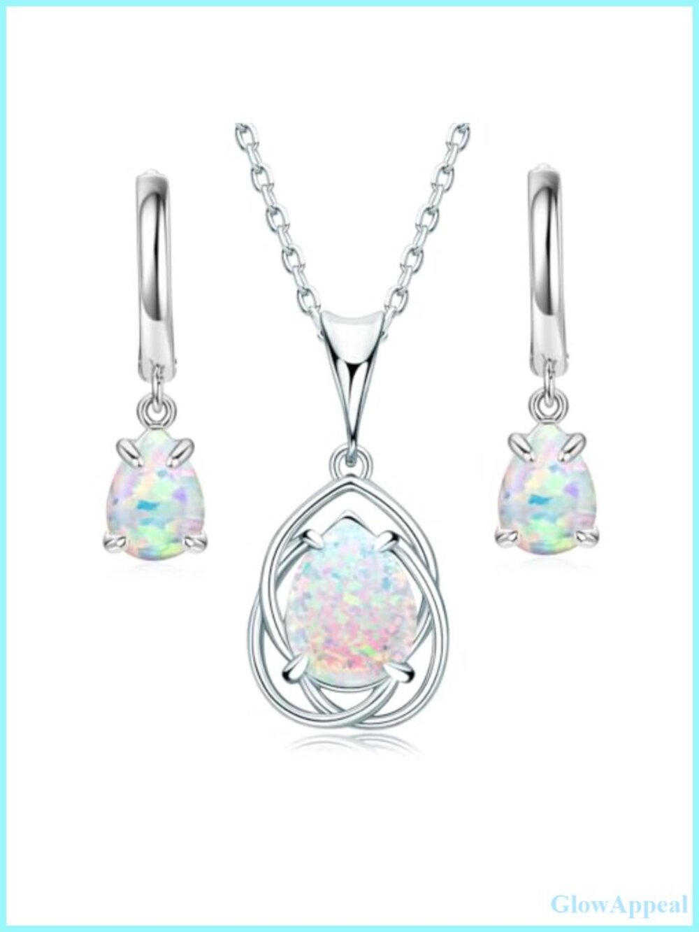 925 Sterling Silver Pear-Cut Synthetic Opal Necklace and Earrings Set
